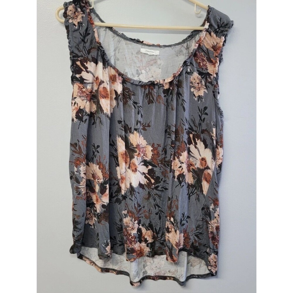 Maurice’s Ruffle Trim Floral Sleeveless Tank Top Gray Peach Floral Size L Large